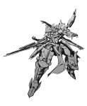  absurdres extra_arms greyscale highres holding holding_sword holding_weapon ikaruga_(knight&#039;s_&amp;_magic) ishiyumi knight&#039;s_&amp;_magic looking_to_the_side mecha monochrome no_humans open_hands pelvic_curtain science_fiction solo sword weapon white_background 