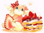  :3 animal_ears audino blue_eyes blueberry body_fur bow closed_mouth commentary cream dessert food food_focus fruit furry gen_5_pokemon hair_bow happy heart highres holding holding_food marker_(medium) mofuo notice_lines oversized_food pancake pawpads paws pink_fur pokemon pokemon_(creature) polka_dot polka_dot_bow red_bow simple_background sitting smile solo traditional_media two-tone_fur white_background white_fur 