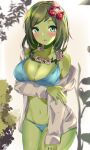  1girl absurdres bare_shoulders blue_swimsuit blush breasts cleavage colored_skin fang flower flower_necklace foliage green_eyes green_hair green_skin hair_flower hair_ornament hido_(meori_apu_da) highres humanization jewelry large_breasts long_sleeves navel necklace open_clothes open_mouth open_shirt original shirt solo swimsuit thighs white_shirt 