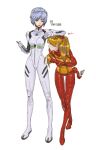  2girls ayanami_rei blue_hair bodysuit breasts brown_hair clipboard envelope etama_quomo evangelion:_3.0_you_can_(not)_redo full_body index_finger_raised interface_headset leaning_on_person looking_at_watch multiple_girls neon_genesis_evangelion orange_bodysuit pilot_suit plugsuit rebuild_of_evangelion red_bodysuit short_hair small_breasts souryuu_asuka_langley twintails white_background white_bodysuit 