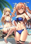  2girls adapted_costume beach bikini black_gloves blonde_hair blue_bikini blue_eyes blush breasts brown_eyes brown_hair choker cleavage closed_mouth collarbone crab day detached_sleeves fletcher_(kancolle) gloves headgear highres ichikawa_feesu johnston_(kancolle) kantai_collection large_breasts looking_at_viewer medium_breasts multiple_girls navel ocean open_mouth outdoors remodel_(kantai_collection) sitting swimsuit twintails wading white_bikini 