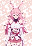  1girl absurdres animal_ears bangs bare_shoulders breasts closed_eyes closed_mouth doll fox_ears fox_mask hair_between_eyes highres holding honkai_(series) honkai_impact_3rd kallen_kaslana long_hair mask pink_hair pink_skirt sinyamato96 skirt smile solo_focus thighhighs white_legwear yae_sakura yae_sakura_(gyakushinn_miko) 