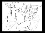  1girl bed blush breasts cellphone dawalixi drawer fan from_above glasses long_hair lying monochrome on_back open_mouth original phone pillow saliva sketch sleeping smartphone tank_top thighs translation_request 