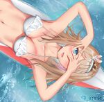  1girl artist_name bikini blonde_hair blue_eyes breasts cleavage collarbone eyebrows_visible_through_hair girls&#039;_frontline hairband highres iamnk long_hair looking_at_viewer lying medium_breasts navel on_back one_eye_covered open_mouth solo summer suomi_(girls&#039;_frontline) surfboard swimsuit water white_bikini white_swimsuit 