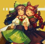  2girls :3 animal_ears arm_cannon arm_garter bangs black_bow black_dress black_hair blouse blush bow braid buttons cat_ears center_frills closed_eyes cowboy_shot dress earrings extra_ears eyebrows_visible_through_hair fang frilled_shirt_collar frills green_bow green_skirt hair_bow half-closed_eyes hand_up hands_on_another&#039;s_shoulders high-waist_skirt highres jewelry juliet_sleeves kaenbyou_rin long_hair long_sleeves multiple_girls multiple_tails popped_collar puffy_short_sleeves puffy_sleeves red_bow red_eyes red_hair reiuji_utsuho short_sleeves skirt smile tail third_eye touhou traditional_media twin_braids two_tails washman711 wavy_mouth weapon white_blouse 