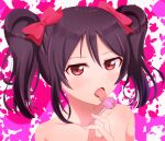  1girl black_hair bow candy food hair_bow highres licking lollipop looking_at_viewer love_live! nude open_mouth red_eyes saliva solo tongue tongue_out twintails wewe yazawa_nico 