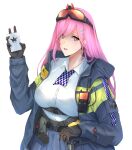  1girl absurdres bangs belt black_gloves blue_skirt breasts card cozie178 eyebrows_visible_through_hair eyewear_on_head girls&#039;_frontline gloves highres holding holding_card holstered_weapon joker_(card) large_breasts long_hair looking_at_viewer open_mouth pink_eyes pink_hair playing_card police police_uniform shirt sig_mcx_(girls&#039;_frontline) sig_sauer skirt solo uniform walkie-talkie white_background white_shirt 