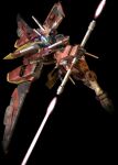  3d beam_saber black_background double-blade english_commentary flying glowing glowing_eyes green_eyes gundam gundam_seed gundam_seed_destiny highres holding holding_sword holding_weapon infinite_justice_gundam mecha mechanical_wings mobile_suit no_humans sandrum science_fiction solo sword v-fin weapon wings 