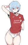  1girl ass_visible_through_thighs ayanami_rei blue_hair bow bow_panties clothes_writing contrapposto cowboy_shot expressionless eyebrows_visible_through_hair flat_chest highres jersey liverpool_fc looking_to_the_side nike no_pants panties pink_panties premier_league red_eyes red_shirt shirt short_hair solo standing thigh_gap thighs underwear urec waking_up white_background 