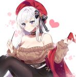  1girl aran_sweater azur_lane belfast_(azur_lane) belfast_(shopping_with_the_head_maid)_(azur_lane) beret berrypop black_skirt breasts brown_sweater choker cleavage earrings eyebrows_visible_through_hair flower food hair_ribbon hat heart holding holding_food holding_pocky hoop_earrings jewelry large_breasts long_hair looking_at_viewer off-shoulder_shirt off-shoulder_sweater off_shoulder pencil_skirt pocky pocky_day purple_eyes red_headwear red_nails red_shawl ribbon rose sash shawl shirt sitting skirt sweater watermark white_background white_hair white_sash 