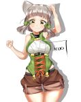  1girl animal_ears breasts cat_ears cosplay facial_mark goblin_slayer! green_vest high_elf_archer_(goblin_slayer!) highres icoo nia_(xenoblade) no short_hair shorts signature silver_hair small_breasts solo vest xenoblade_chronicles_(series) xenoblade_chronicles_2 yellow_eyes 