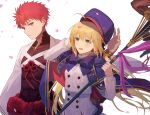  1boy 1girl ahoge artoria_pendragon_(all) artoria_pendragon_(caster)_(fate) bangs blonde_hair blue_ribbon blush cherry_blossoms cloak coat fate/grand_order fate_(series) green_eyes highres holding holding_staff kikageee looking_at_another nagatekkou petals red_hair ribbon rope sengo_muramasa_(fate) shimenawa simple_background staff sweatdrop upper_body white_background wind yellow_eyes 