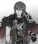  1boy armor artist_name chrom_(fire_emblem) dress falchion_(fire_emblem) fire_emblem fire_emblem_awakening fire_emblem_heroes gloves greyscale highres looking_to_the_side male_focus monochrome scale_armor short_hair sierra117renner solo strapless strapless_dress sword watermark weapon 