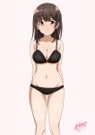  1girl bangs bare_arms bare_shoulders black_bra black_panties bow bow_bra bow_panties bra breasts brown_background brown_eyes brown_hair cleavage closed_mouth collarbone commentary_request dated eyebrows_visible_through_hair feet_out_of_frame groin hige_wo_soru._soshite_joshikousei_wo_hirou. long_hair medium_breasts navel ogiwara_sayu panties sakayaya signature simple_background solo standing underwear underwear_only 