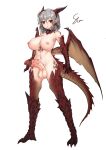  1girl animal_penis barbed_penis breasts brown_eyes claws completely_nude dragon_girl dragon_horns dragon_tail dragon_wings full_body futanari grey_hair highres horns large_breasts medium_hair monster_girl navel nipples nude original pointy_ears redrawn sarrow_(stmaster) scales simple_background solo standing stmaster tail testicles white_background wings 