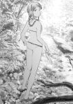  1girl bangs bikini braid breasts greyscale head_tilt holding holding_clothes holding_footwear kantai_collection kitakami_(kancolle) long_hair looking_at_viewer monochrome outdoors sandals sidelocks single_braid small_breasts solo standing swimsuit uyama_hajime water 