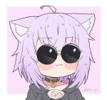  1girl :3 animal_ears black_hoodie blush blush_stickers border cat_ears cat_girl chibi collar eyebrows eyebrows_visible_through_hair hands_together hololive hood hoodie kukie-nyan nekomata_okayu purple_background purple_hair round_eyewear smile sunglasses 