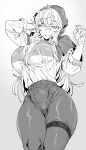 1girl absurdres breasts capelet duplicate eyebrows_visible_through_hair greyscale grimm_(red_hood) hair_between_eyes highres hood hooded_capelet large_breasts long_hair long_sleeves monochrome one_eye_closed pants pixel-perfect_duplicate red_hood_(kawaguchi) see-through solo thick_thighs thighs thong urec wet 