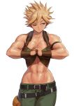  1girl abs absurdres belt biceps black_belt blonde_hair bloody_roar blue_eyes cowboy_shot expressionless green_pants highres jeanne_gado midriff muscular muscular_female narrow_waist navel nutro pants short_hair simple_background solo white_background 