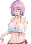  1girl ayul_(ayulneri_92) bangs bare_shoulders bikini blush breasts cleavage collarbone fate/grand_order fate_(series) hair_over_one_eye highres large_breasts light_purple_hair looking_at_viewer mash_kyrielight navel open_mouth purple_eyes sarong short_hair smile solo swimsuit wet white_bikini 