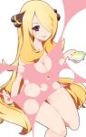  1girl blonde_hair breasts brown_eyes bubble_filter chorimokki cleavage closed_mouth commentary_request cynthia_(pokemon) hair_ornament hair_over_one_eye holding large_breasts long_hair looking_at_viewer nail_polish navel nude pokemon pokemon_(game) pokemon_dppt shell simple_background smile solo thigh_gap thighs white_background 
