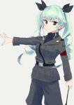  1girl absurdres anchovy_(girls_und_panzer) anzio_military_uniform belt commentary dress_shirt drill_hair girls_und_panzer highres jacket long_hair long_sleeves looking_at_viewer military military_uniform necktie oritako pants riding_crop sam_browne_belt shirt simple_background solo standing twin_drills twintails uniform wing_collar 