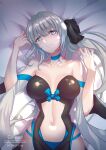  1girl bangs black_bow black_dress blue_eyes bow braid breasts center_opening choker cleavage collarbone dress fate/grand_order fate_(series) french_braid grey_hair hair_bow highres large_breasts long_hair long_sleeves looking_at_viewer lying morgan_le_fay_(fate) navel off-shoulder_dress off_shoulder on_back pelvic_curtain ponytail shiro_font sidelocks two-tone_dress very_long_hair white_dress wide_sleeves 