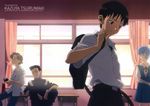  3boys absurdres aida_kensuke ayanami_rei bandages blue_hair classroom eyepatch highres ikari_shinji indoors multiple_boys neon_genesis_evangelion rebuild_of_evangelion school_uniform suzuhara_touji tsurumaki_kazuya window 