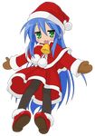  absurdres bell blue_hair capelet christmas full_body green_eyes hat highres izumi_konata lucky_star mittens mole mole_under_eye pantyhose red_capelet santa_costume santa_hat solo transparent_background vector_trace 