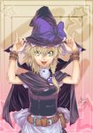  :p alternate_costume belt blonde_hair bow braid cape classictime colored_eyelashes eyelashes hair_bow hand_on_headwear hands hat kirisame_marisa pinky_out pocket side_braid solo tongue tongue_out touhou witch_hat wristband yellow_eyes 