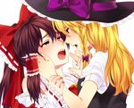  bad_id bad_pixiv_id blonde_hair blush bow brown_hair hair_bow hair_tubes hakurei_reimu hand_on_another's_cheek hand_on_another's_face hat holding_hands interlocked_fingers kiri_futoshi kirisame_marisa multiple_girls open_mouth red_eyes touhou upper_body witch_hat yuri 