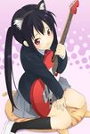  animal_ears bad_id bad_pixiv_id black_hair brown_eyes cat_ears cushion guitar highres instrument k-on! kneeling long_hair nakano_azusa school_uniform solo soraneko_(pussy-willow) 