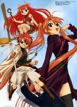  2girls absurdres anya_cocolova bell broom broom_riding dress ensis_exorcizans frills hair_bell hair_ornament heterochromia highres jitsuhara_noboru kagurazaka_asuna long_hair mahou_sensei_negima! megami multiple_girls negi_springfield official_art orange_hair pinup sidesaddle staff sword thighhighs twintails weapon 