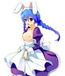  animal_ears blue_hair braid breasts bunny_ears bunny_maid dress maid nipples nude nude_filter purple_eyes small_breasts solo third-party_edit topless trickster twin_braids 