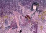  1girl black_hair flower hand_up japanese_clothes kimono knee_up lying on_back original potato_(popopopopo623) purple_kimono purple_theme sandals socks traditional_media watercolor_(medium) white_legwear wide_sleeves wisteria 