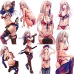  1girl alcohol american_flag american_flag_bikini american_flag_legwear applekun asahi_breweries ass bare_back baseball_cap beer beer_can belt bikini black_legwear blue_bikini blue_eyes blush breasts can collarbone denim earrings elbow_gloves fate/grand_order fate_(series) flag_print from_side gloves gun gunblade hair_down hand_in_hair hat highres jeans jewelry katana large_breasts long_hair looking_at_viewer looking_back looking_up lying miyamoto_musashi_(fate) miyamoto_musashi_(swimsuit_berserker)_(fate) mouth_hold multiple_views navel on_side open_fly pants red_bikini sheath shrug_(clothing) silver_hair single_elbow_glove sitting smile squatting standing swimsuit sword thigh_strap two-tone_bikini uneven_footwear uneven_gloves uneven_legwear weapon 