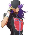  1boy baseball_cap champion_uniform closed_mouth commentary_request dark-skinned_male dark_skin dynamax_band facial_hair gloves hand_on_headwear hand_up hat highres leon_(pokemon) long_hair looking_at_viewer male_focus morio_(poke_orio) pokemon pokemon_(game) pokemon_swsh purple_hair shield_print shirt short_sleeves simple_background smile solo sword_print upper_body white_background yellow_eyes 