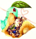  :3 alternate_shiny_pokemon animal_focus blueberry chikorita chocolate closed_mouth crepe dessert eating food fruit gen_2_pokemon happy highres ice_cream marker_(medium) mint mofuo no_humans one_eye_closed pokemon pokemon_(creature) red_eyes simple_background smile solo sprinkles traditional_media white_background 