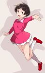  1girl :d black_hair brown_background brown_eyes collared_dress commentary_request creek_(moon-sky) dress drooling full_body isono_wakame loafers long_sleeves looking_at_viewer open_mouth outstretched_arm pink_dress red_footwear sazae-san shoes smile socks solo white_legwear 
