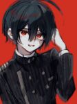  1boy ahoge bangs black_hair black_jacket buttons commentary_request danganronpa_(series) danganronpa_v3:_killing_harmony double-breasted grin hair_between_eyes hand_up highres jacket long_sleeves looking_at_viewer male_focus open_mouth red_background red_eyes saihara_shuuichi short_hair simple_background smile solo upper_body ze_ro_saiji 