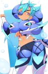  1girl blue_hair breasts bubble eyepatch highres jellcaps large_breasts navel praxis_(xenoblade) purple_eyes short_hair solo water xenoblade_chronicles_(series) xenoblade_chronicles_2 