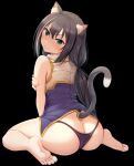  1girl animal_ear_fluff animal_ears ass bare_legs bare_shoulders barefoot black_background black_hair black_panties blush cat_ears cat_tail feet from_behind full_body green_eyes highres karyl_(princess_connect!) long_hair looking_at_viewer looking_back low_twintails nicoby panties princess_connect! sitting soles solo tail transparent_background twintails underwear wariza white_hair 