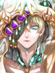  1boy aladdin_(sinoalice) arabian_clothes blonde_hair blue_eyes corruption glowing glowing_eyes headdress highres looking_at_viewer male_focus ogamiomi one_eye_covered open_mouth parted_lips short_hair sinoalice solo veil 