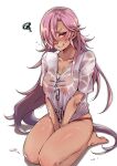  1girl angry barefoot blue_eyes blush cinderella_(sinoalice) dark-skinned_female dark_skin hair_over_one_eye highres kneeling looking_at_viewer mibry_(phrysm) nipples panties purple_hair see-through_shirt sharp_teeth shirt simple_background sinoalice solo speech_bubble sweat teeth underwear wet wet_clothes wet_shirt white_background 