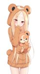 1girl abigail_williams_(fate) animal_costume animal_ears animal_hood bangs bear_costume bear_ears bear_hood bear_tail blush brown_jacket closed_mouth commentary_request cosplay crescent crossed_bandaids crossover eyebrows_visible_through_hair eyes_visible_through_hair fake_animal_ears fake_tail fate/grand_order fate_(series) gen_2_pokemon highres holding holding_pokemon hood hood_up hooded_jacket hug jacket kamu_(geeenius) long_hair long_sleeves looking_at_viewer parted_bangs pokemon pokemon_(creature) red_eyes simple_background sleeves_past_fingers sleeves_past_wrists smile tail teddiursa teddiursa_(cosplay) very_long_hair white_background 