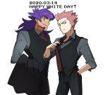  2boys alternate_costume black_pants black_vest brown_neckwear collared_shirt commentary_request dark-skinned_male dark_skin dated facial_hair grey_shirt hand_in_pocket highres lance_(pokemon) leon_(pokemon) long_hair male_focus morio_(poke_orio) multiple_boys necktie pants pokemon pokemon_(game) pokemon_hgss pokemon_swsh purple_hair shirt sleeves_rolled_up spiked_hair vest white_day yellow_eyes 