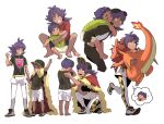  2boys arm_up bangs barefoot baseball_cap brothers cape carrying champion_uniform character_doll charizard clenched_hand closed_eyes commentary_request dark-skinned_male dark_skin fur-trimmed_cape fur_trim gen_1_pokemon grin hand_up hat highres hop_(pokemon) korean_commentary leggings leon_(pokemon) long_hair lower_teeth male_focus multiple_boys open_mouth pokemon pokemon_(game) pokemon_swsh purple_hair red_cape redlhzz shield_print shirt shoes short_hair short_shorts short_sleeves shorts siblings smile spread_legs standing sword_print teeth thought_bubble toes v white_legwear white_shorts yellow_eyes younger 