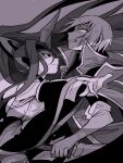  1boy 1girl action armpits bare_shoulders blazblue blonde_hair breasts detached_sleeves evil_grin evil_smile gloves green_eyes greyscale grin hair_between_eyes headgear horns jin_kisaragi katana long_hair looking_at_another mako_gai mikado_(blazblue) monochrome ponytail purple_hair red_eyes scared short_hair sideboob single_horn smile smug sword uniform weapon 