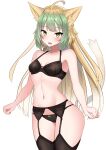  1girl ahoge animal_ears atalanta_(fate) bangs bare_arms black_legwear black_panties blonde_hair blush breasts cat_ears cat_tail fate/apocrypha fate/grand_order fate_(series) garter_belt garter_straps gradient_hair green_eyes green_hair highres long_hair looking_at_viewer multicolored_hair navel panties simple_background skindentation small_breasts tail thighhighs underwear very_long_hair yuzu_kiro 