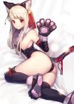  1girl absurdres animal_ear_fluff animal_ears ass bangs bare_shoulders bell black_gloves black_legwear blush breasts cat_ears cat_tail center_opening elbow_gloves fake_animal_ears fate/kaleid_liner_prisma_illya fate_(series) fur_collar gloves hair_between_eyes hair_ribbon highres illyasviel_von_einzbern jingle_bell legs long_hair looking_at_viewer nakanishi_tatsuya paw_gloves paws red_eyes ribbon sidelocks small_breasts smile solo tail thighhighs thighs white_hair 